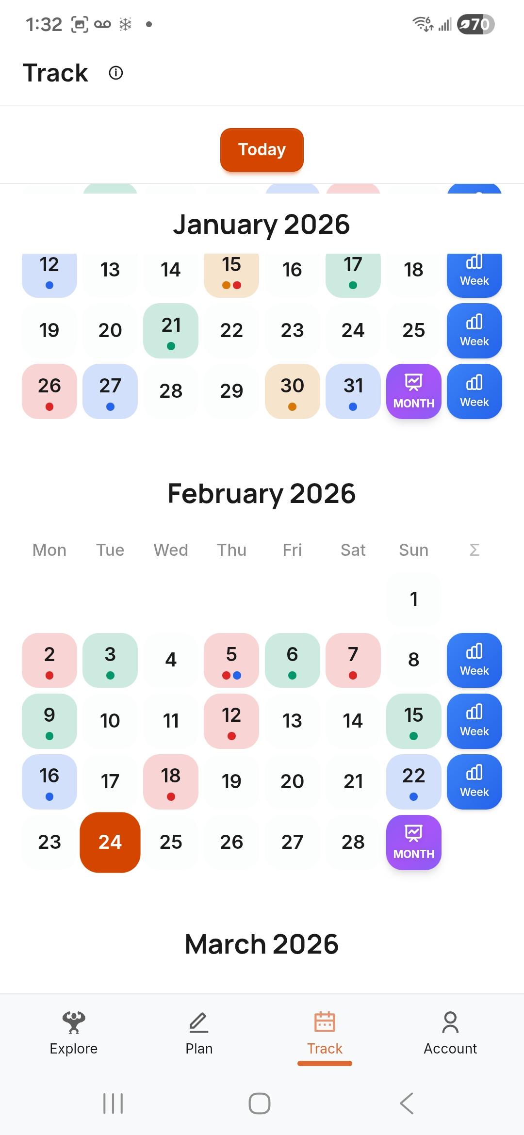 Training calendar with color-coded sessions