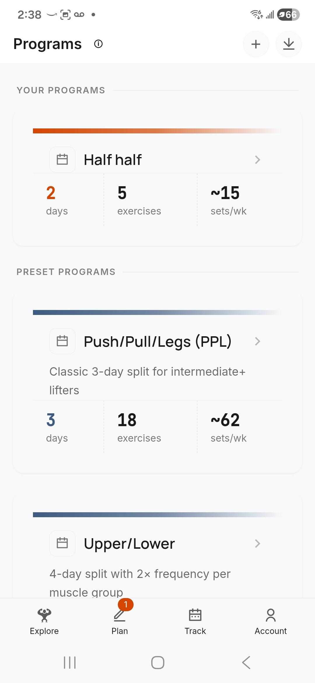 Programs screen showing preset and custom training programs
